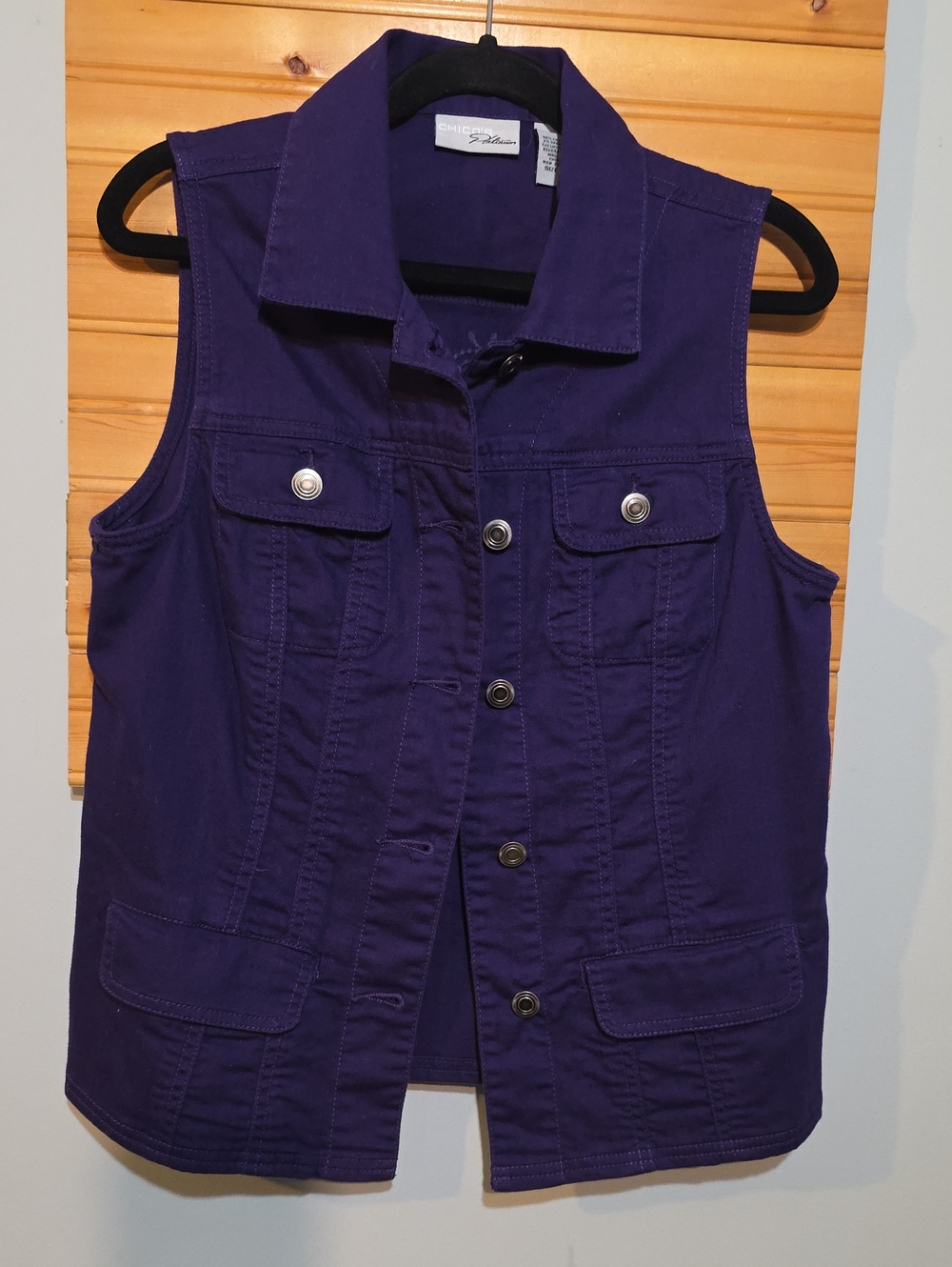 Chico's Platinum Purple Denim Utility Vest Snap Front Size Chico 0 (6/8) EUC
